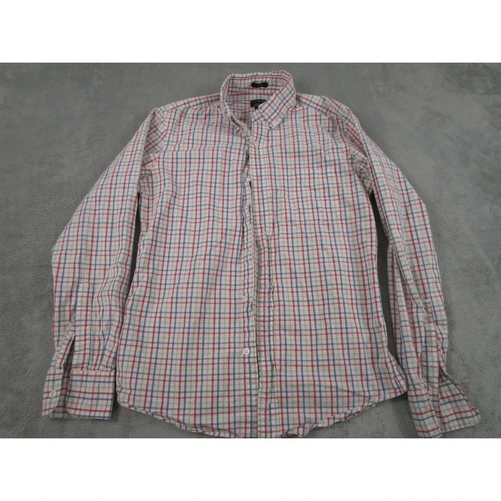 J Crew Shirt Mens Small White Plaid Slim‎ Fit Cotton Button Down Long Sleeve